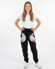 Dětské softshellové kalhoty KLASIK s fleecem elastické, barevná srdíčka černá