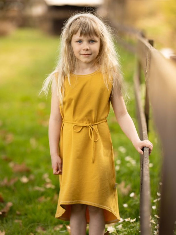 Dievčenské bavlnené šaty so šnúrkou, horčicovo žltá