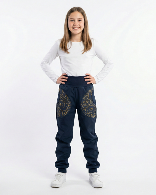 Dětské softshellové kalhoty KLASIK s fleecem elastické, kočičí hlavičky černá