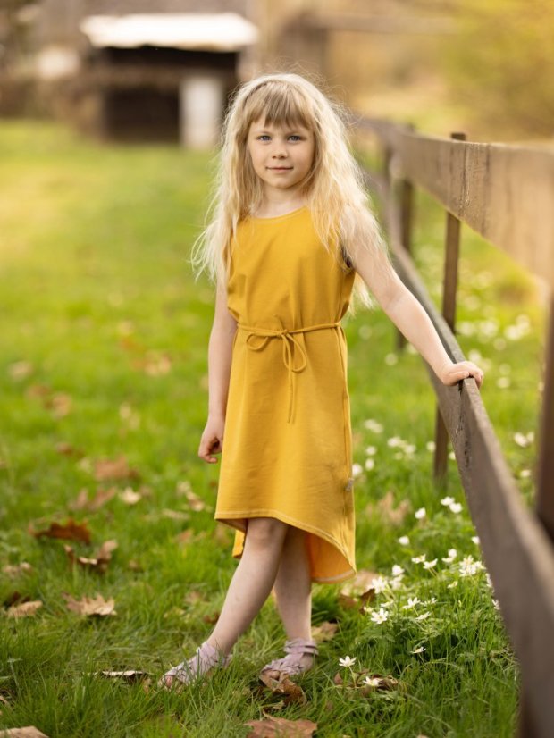 Dievčenské bavlnené šaty so šnúrkou, horčicovo žltá