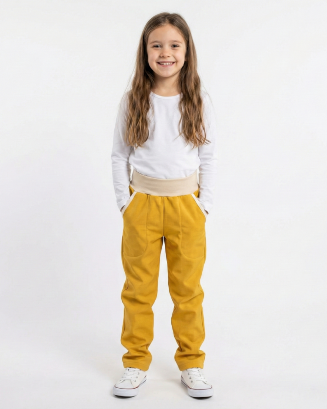Detské softshellové nohavice s kožúčkom, medovo žltá