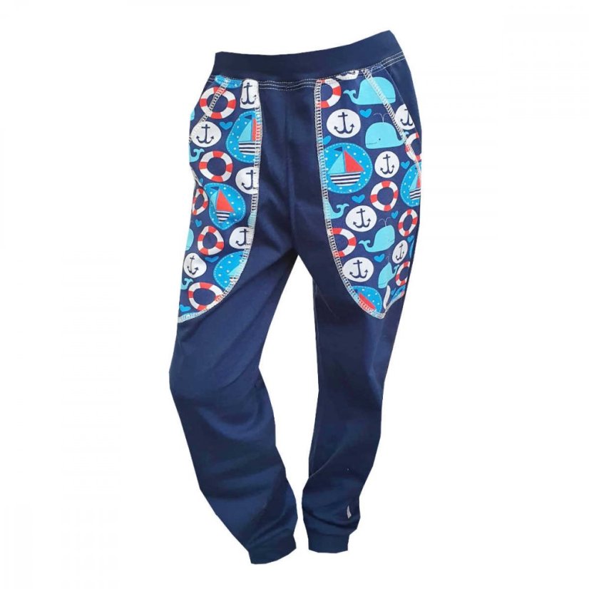 Detské tepláky Thin ľahké, plavba po mori tmavo modrá