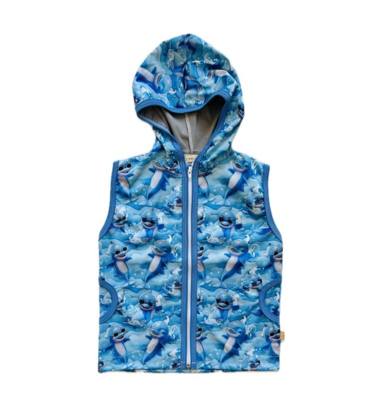 Dětská softshellová vesta bez fleecu, delfínci