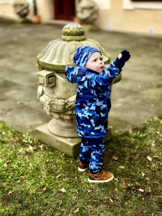 Detské softshellové nohavice THIN s fleecem elasticke, modrý maskáč