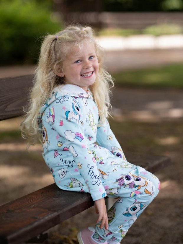 Dětské tepláky, modří jednorožci