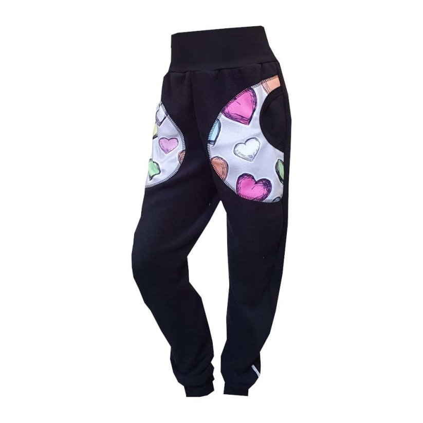 Dětské softshellové kalhoty KLASIK s fleecem elastické, barevná srdíčka černá