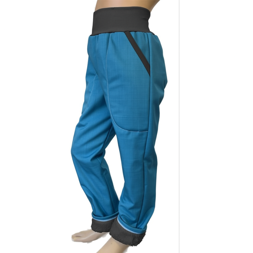 Detské softshellové nohavice s kožúčkom, modrý petrolej