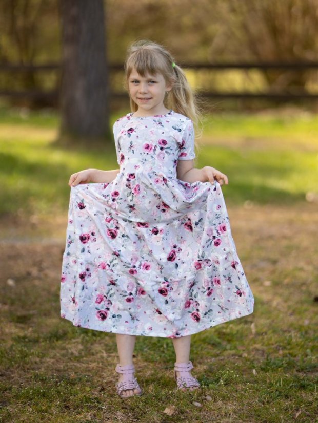 Dívčí bavlněné dlouhé volánové šaty, růže