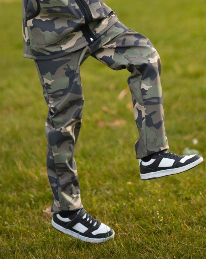 Dětské softshellové kalhoty THIN s fleecem, khaki maskáč