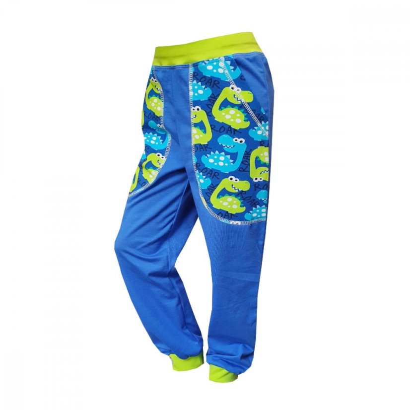 Detské tepláky Thin ľahké, veselí dinosaury modrá