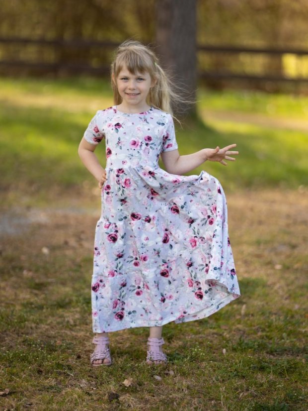 Dívčí bavlněné dlouhé volánové šaty, růže