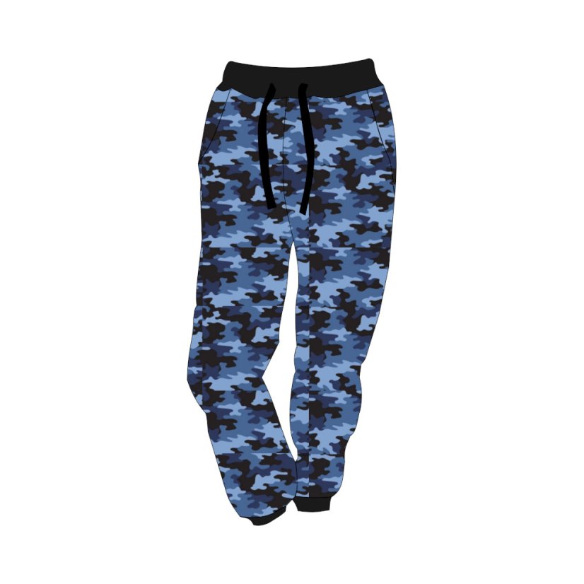 Detské softshellové nohavice THIN s fleecem elasticke, modrý maskáč