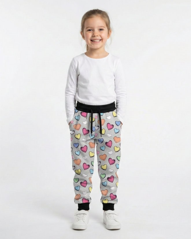 Dětské softshellové kalhoty THIN s fleecem elastické, barevná srdíčka