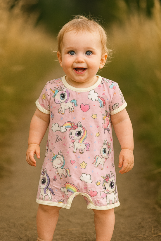 Dětský letný overal BAMBUS, růžoví jednorožci