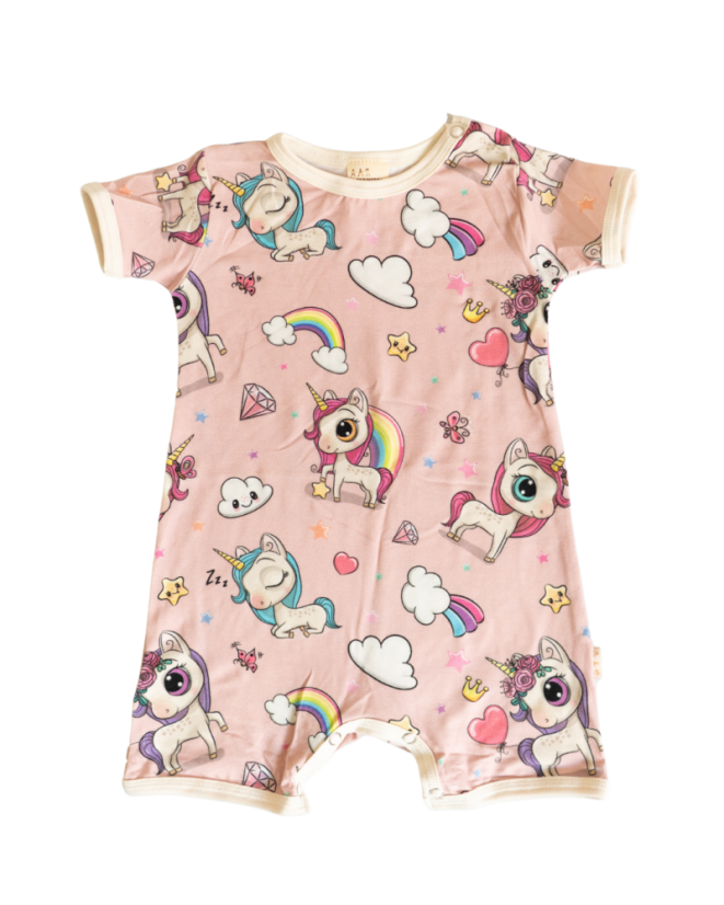 Dětský letný overal BAMBUS, růžoví jednorožci