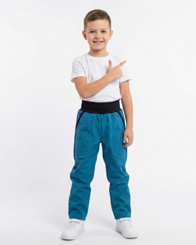 Detské softshellové nohavice s kožúčkom, modrý petrolej