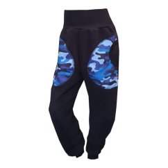 Dětské softshellové kalhoty KLASIK s fleecem elastické, modrý maskáč černá