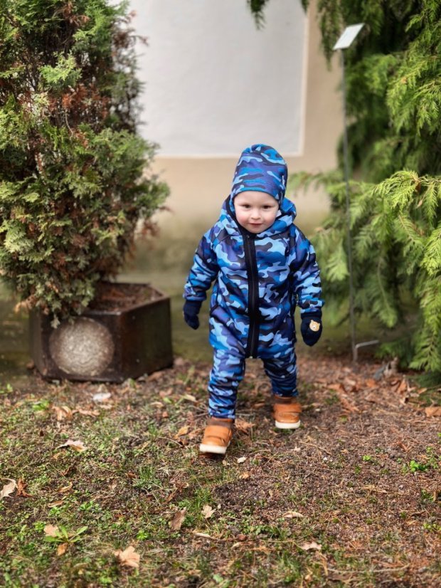 Detské softshellové nohavice THIN s fleecem elasticke, modrý maskáč