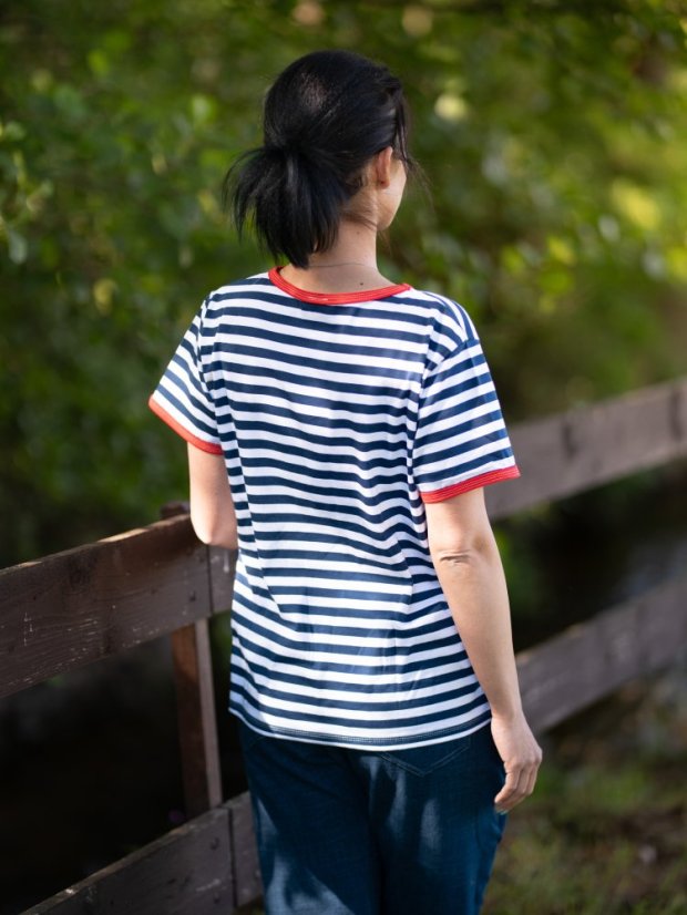 Dámské tričko Oversize, navy námořník s červeným lemováním