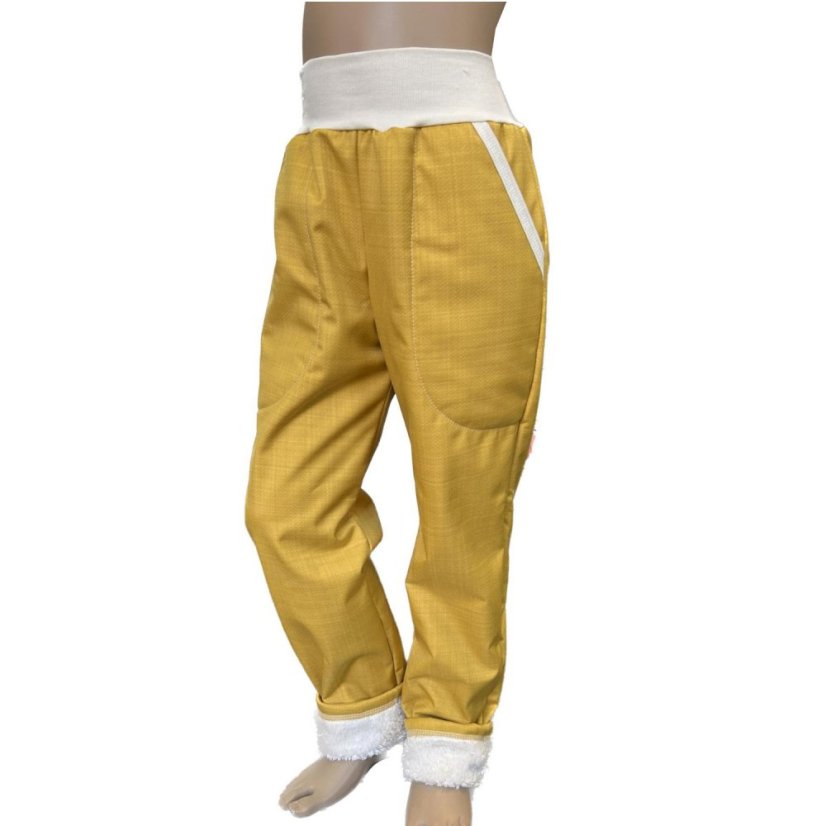 Detské softshellové nohavice s kožúčkom, medovo žltá