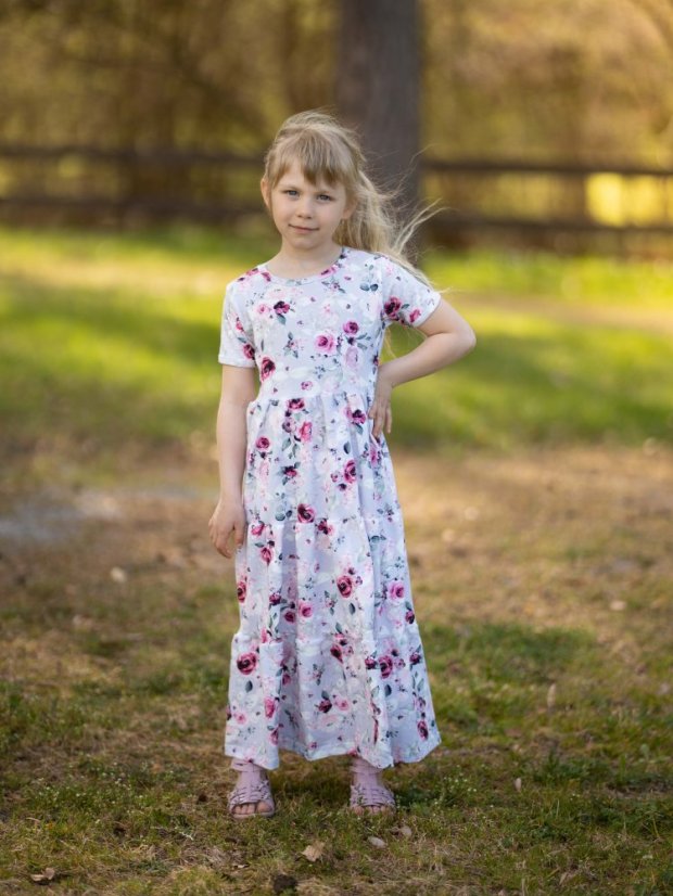 Dívčí bavlněné dlouhé volánové šaty, růže