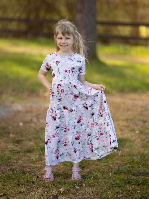 Dívčí bavlněné dlouhé volánové šaty, růže