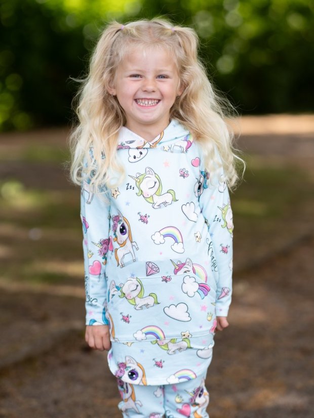 Detská predĺžená mikina, modrí jednorožci