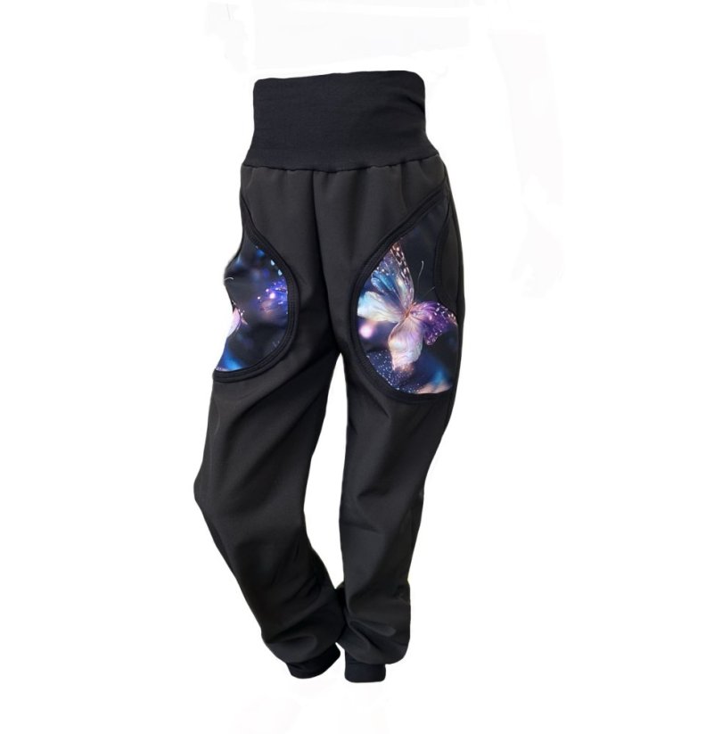 Dětské softshellové kalhoty KLASIK s fleecem, kouzelní motýlci černá