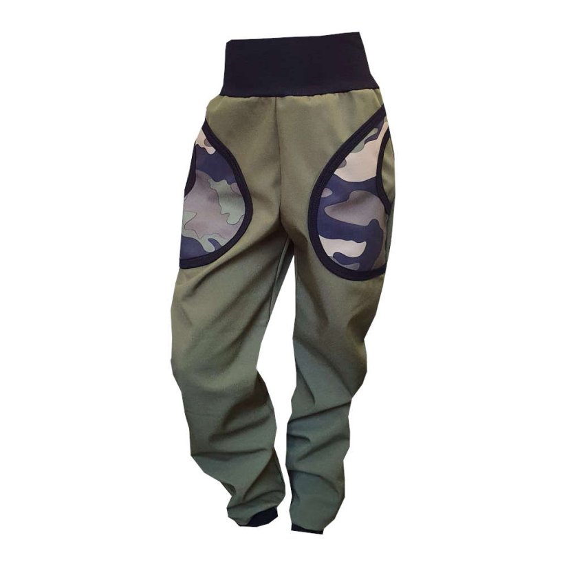 Dětské softshellové kalhoty KLASIK s fleecem, khaki maskáč khaki