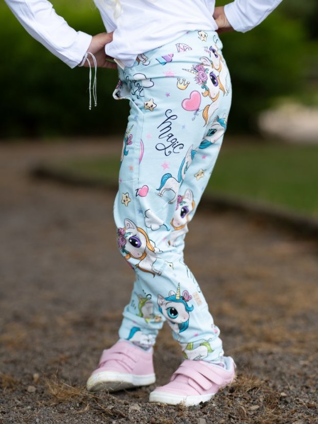 Dětské tepláky, modří jednorožci