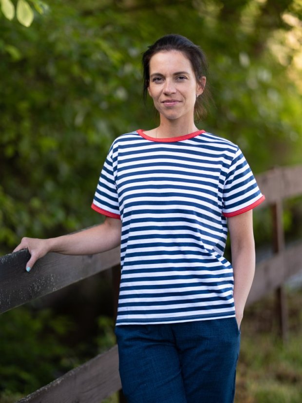 Dámské tričko Oversize, navy námořník s červeným lemováním